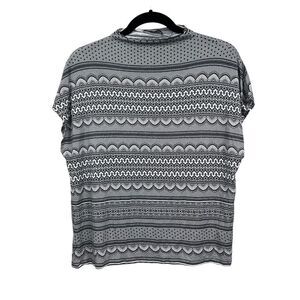 T Tahari Top Floral‎ Black White Print Rolled Neck Short Cap Sleeves Women L